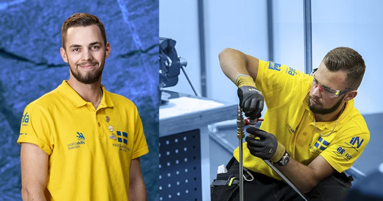 Anton Hausenstrauch fann räddningen i VVS-yrkesutbildningen. Porträtt av Anton inför Yrkes-VM och en bild när han böjer ett rör under Yrkes-VM